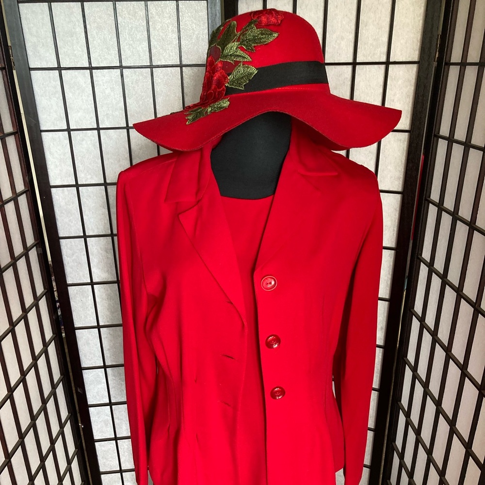 Red dress suit and Floral Red hat